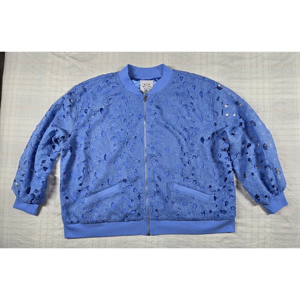Isaac Mizrahi Womens Lace Bomber Jacket With Pockets QVC Dreamscape Blue 2X